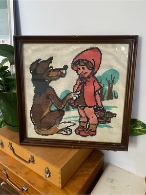 Vintage Handmade Little Red Riding Hood Cross Stitch Wall Art
